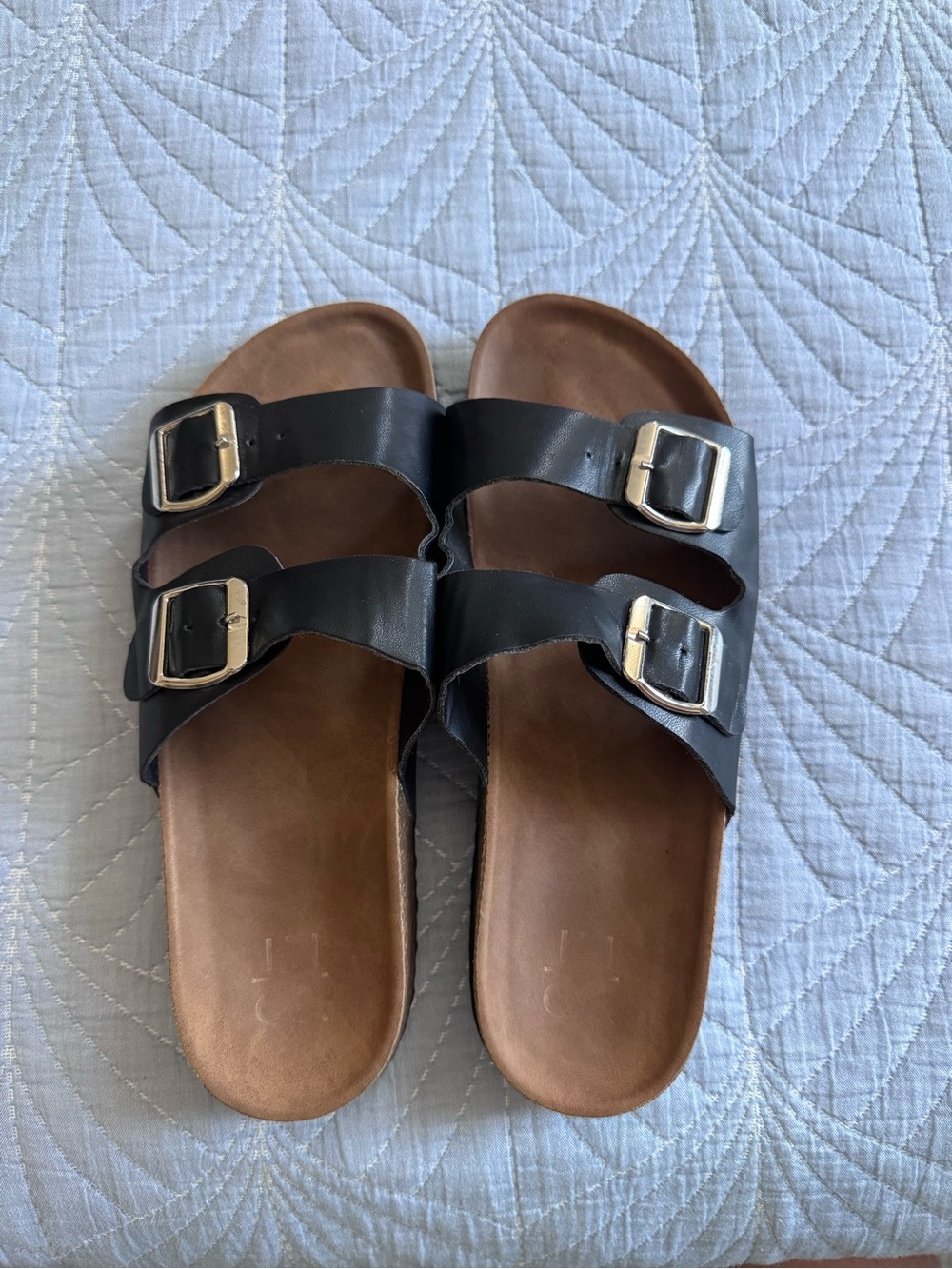 Black Double-Buckle Slide Sandals